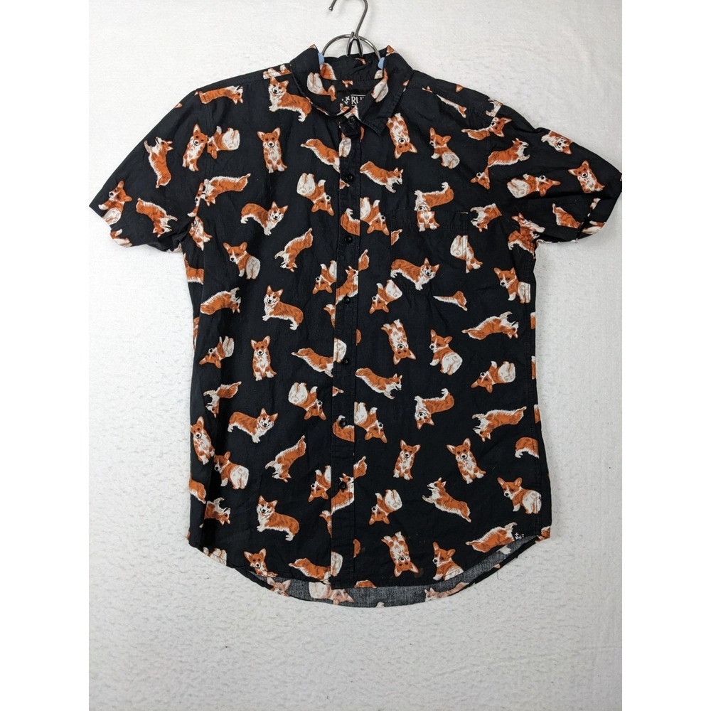 Rude Corgi Dog Print Black Button Short Sleeve Shirt Size S